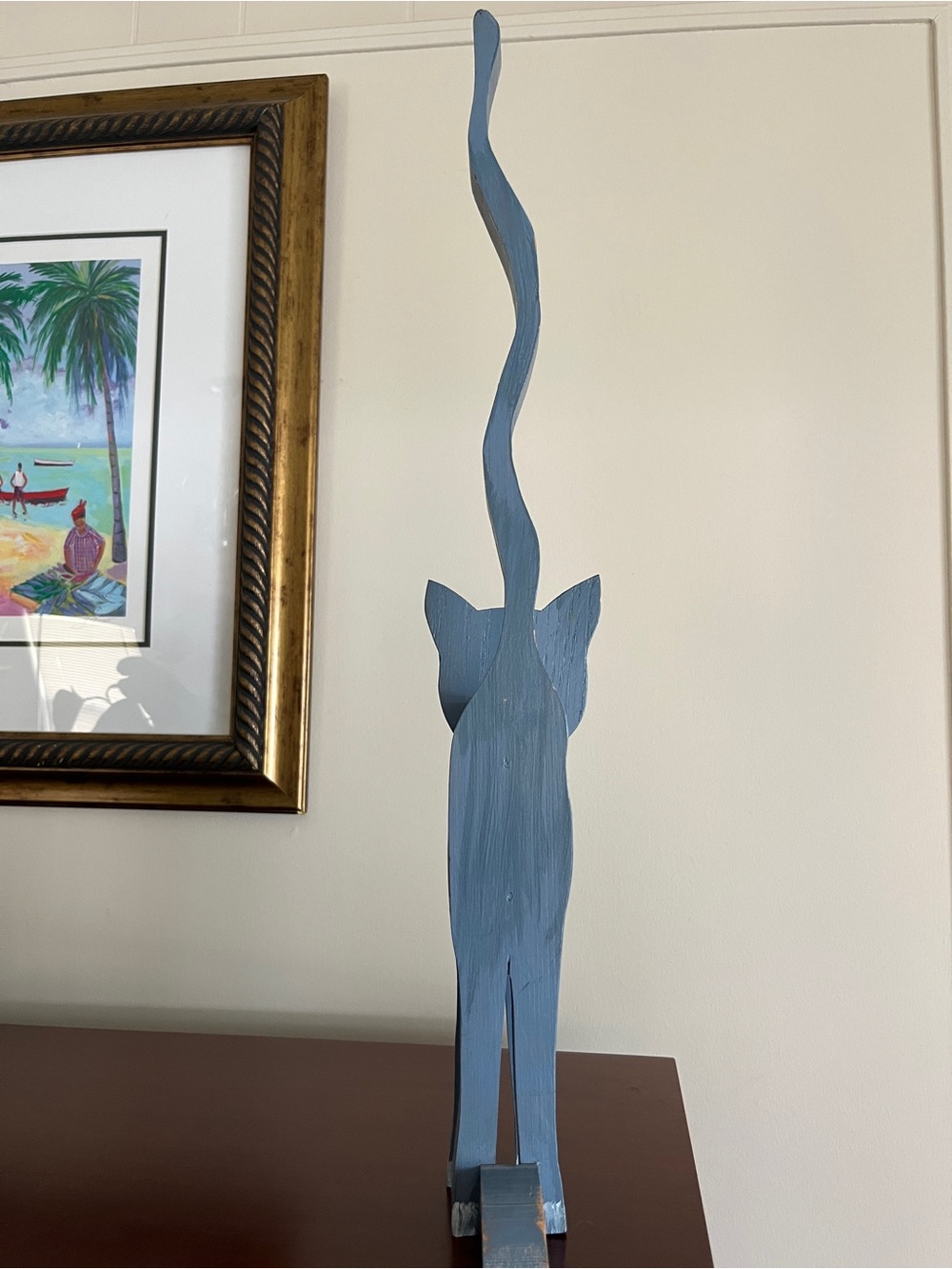 Handmade Wooden Grey Blue Tall Cat Figurine - Picture 4 of 8